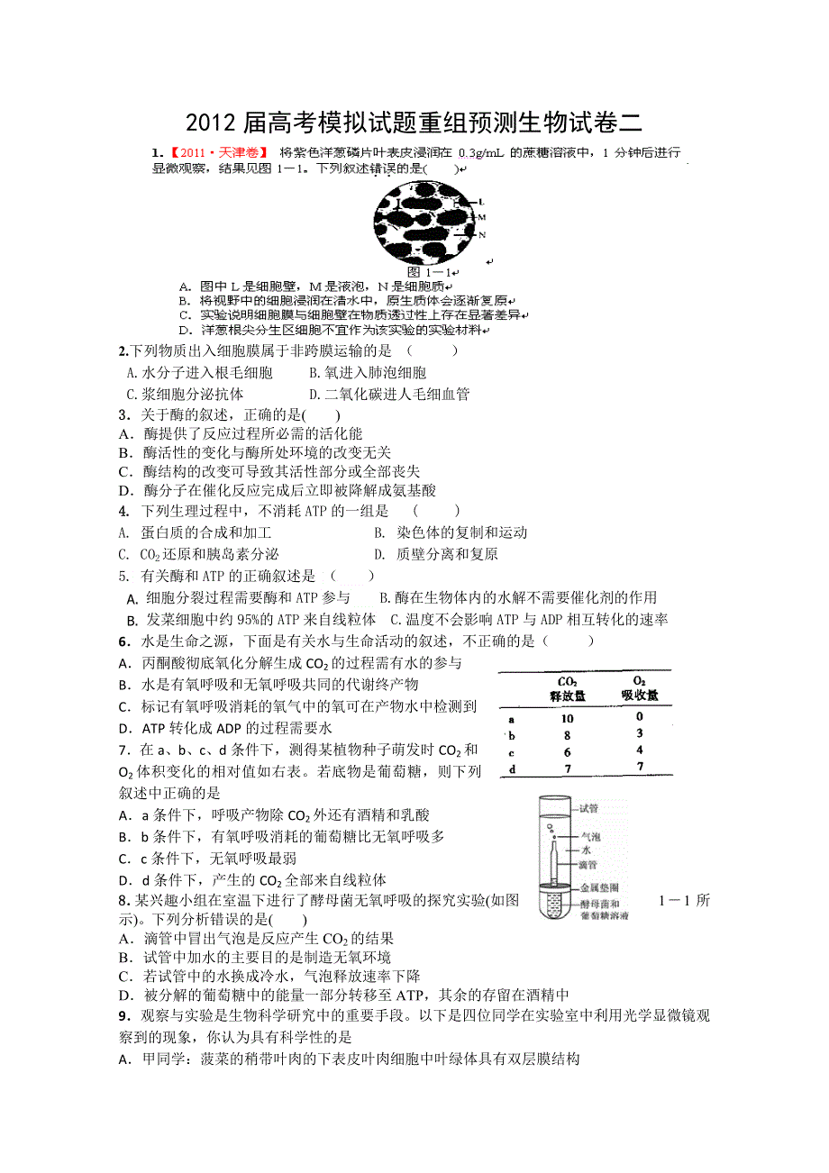 2012年高考模拟试题重组预测生物试卷二.doc_第1页