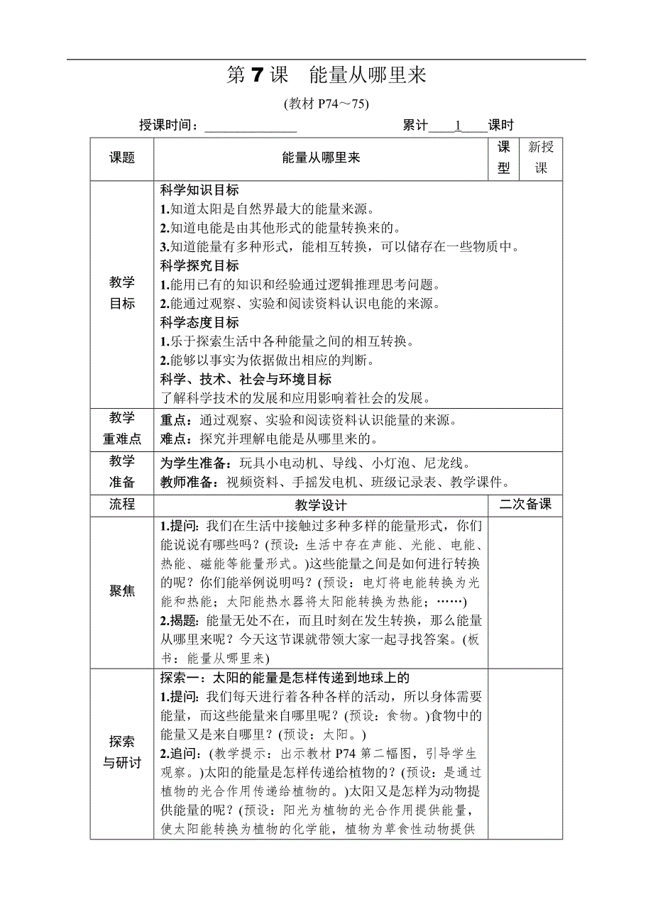 教科版六年级科学上册第四单元能量第7课 能量从哪里来.docx_第1页