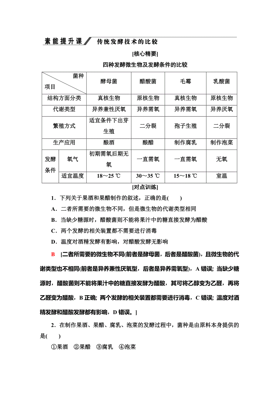 2019-2020学年人教版生物选修一讲义：专题1 素能提升课 传统发酵技术的比较 WORD版含答案.doc_第1页