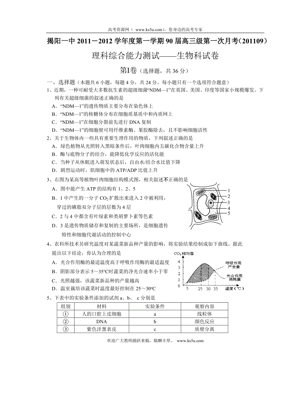 广东省揭阳第一中学2012届高三第一次阶段考试题生物.doc_第1页