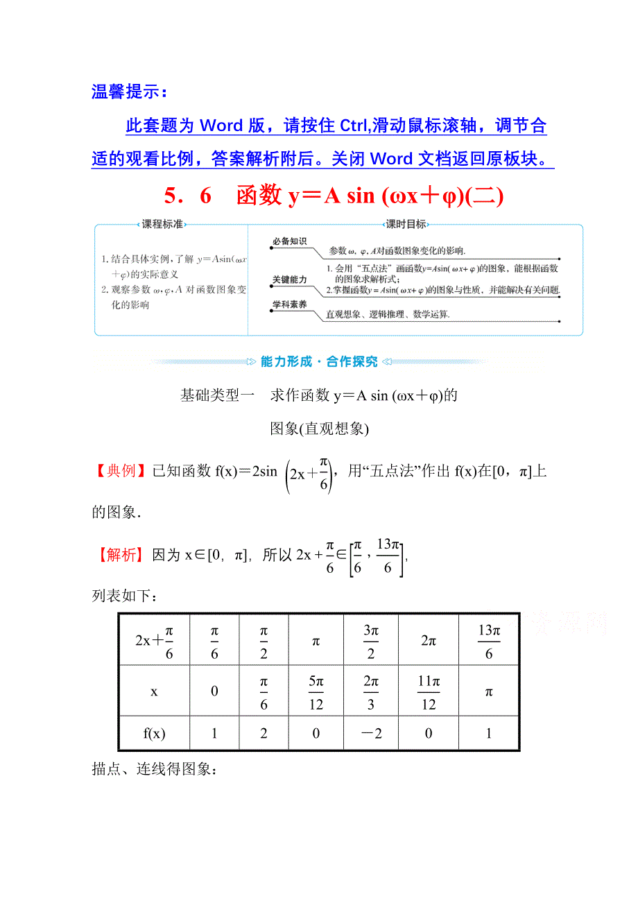 新教材2021-2022学年高中人教A版数学必修第一册配套学案：第五章 5-6 函数Y=ASIN（ΩX+Φ）（二） WORD版含答案.doc_第1页