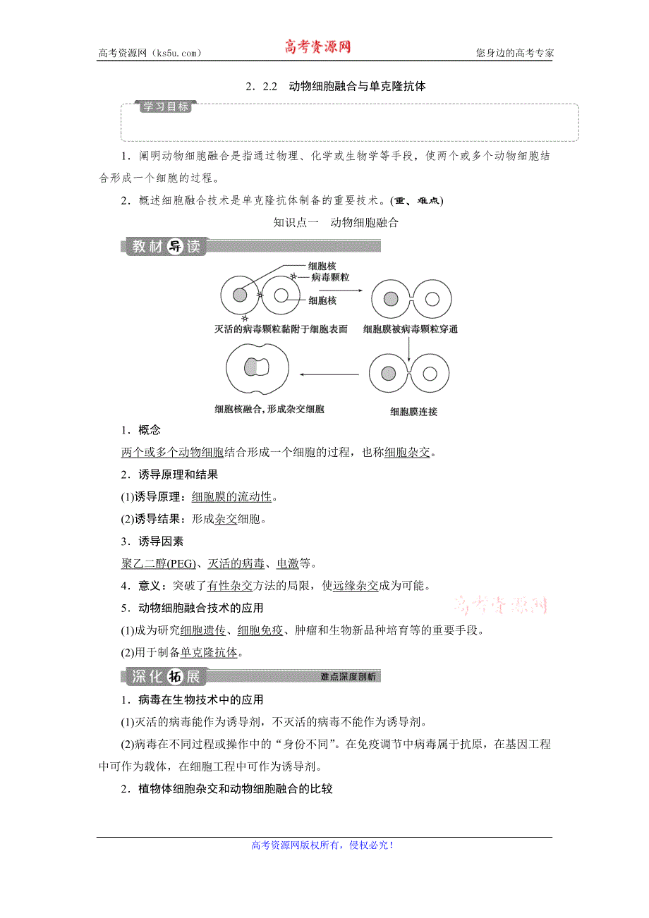 2019-2020学年人教版生物选修三江苏专用学案：2．2-2　动物细胞融合与单克隆抗 WORD版含答案.doc_第1页