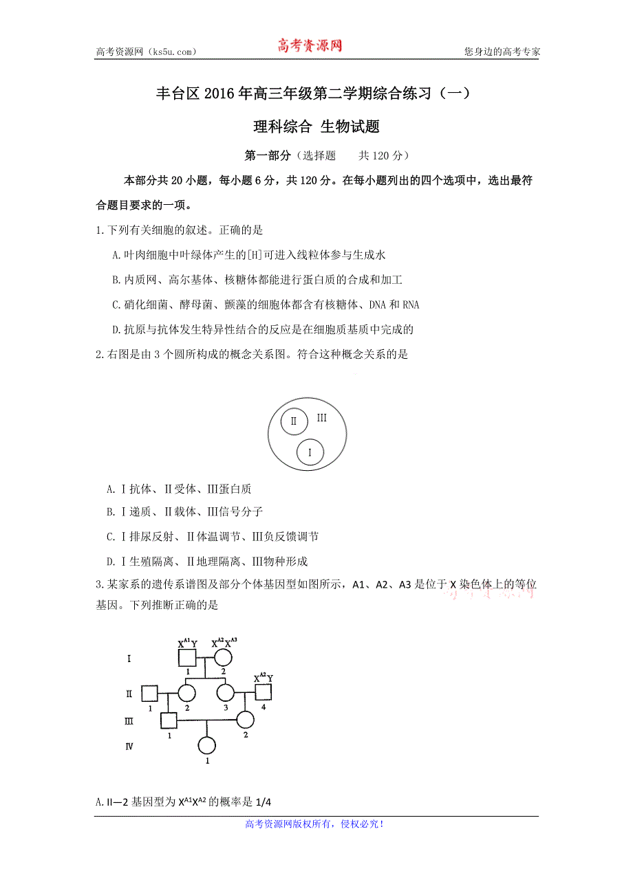 北京市丰台区2016届高三下学期综合练习（一）理综试题 WORD版含答案.doc_第1页