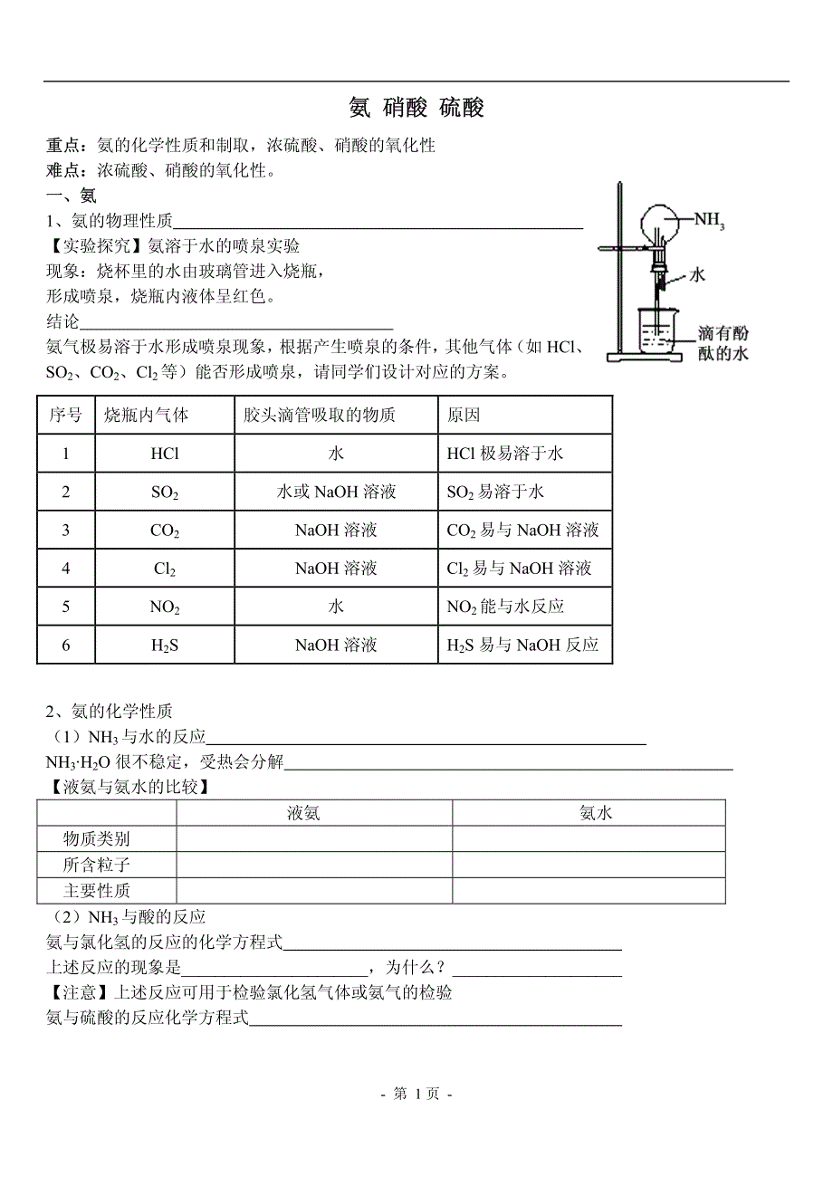 化学必修一 非金属及其化合物：氨 硝酸 硫酸（1） PDF版缺答案.pdf_第1页