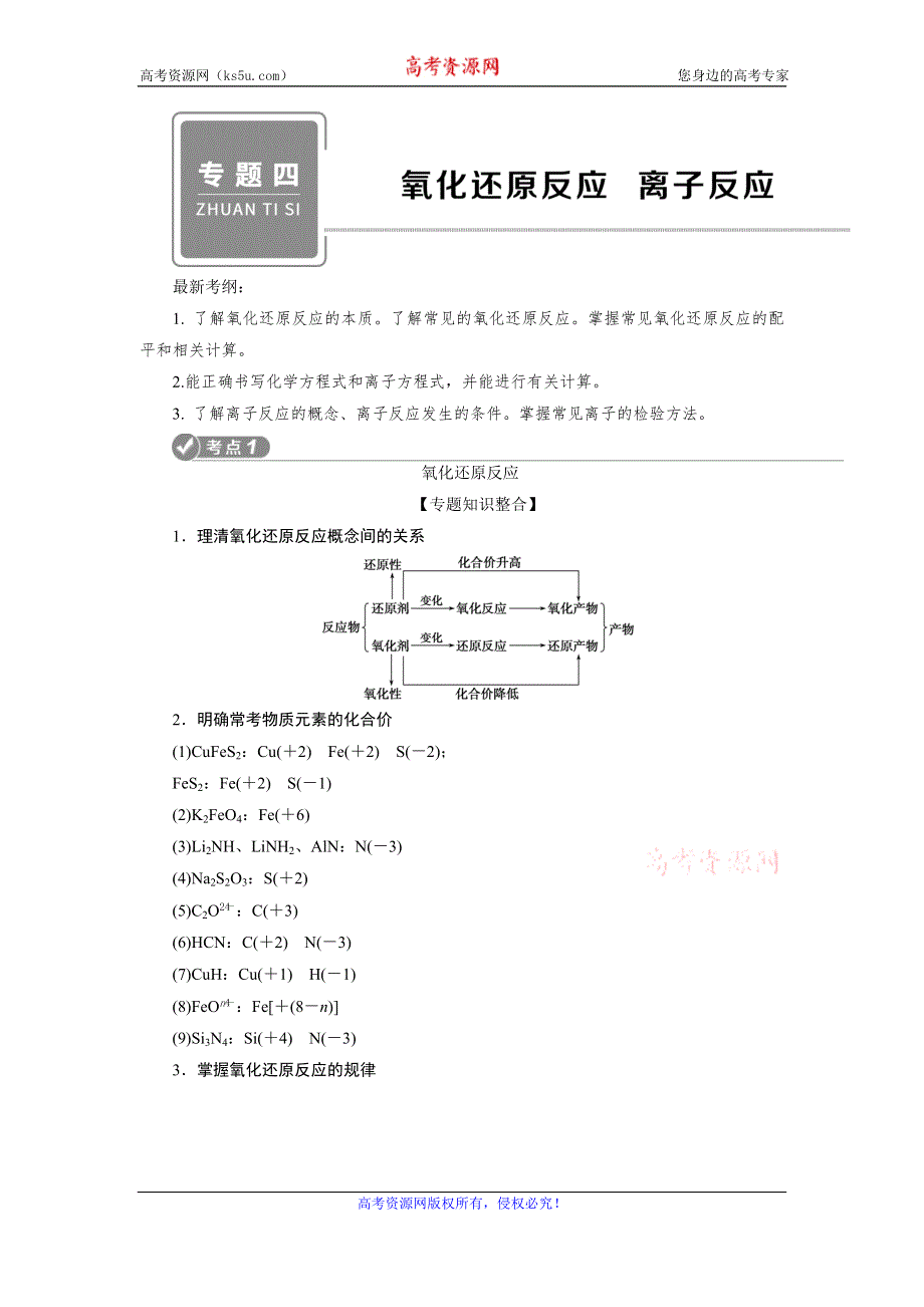 2020高考化学二轮考前复习方略课标版练习：4 专题四　氧化还原反应　离子反应 WORD版含解析.doc_第1页