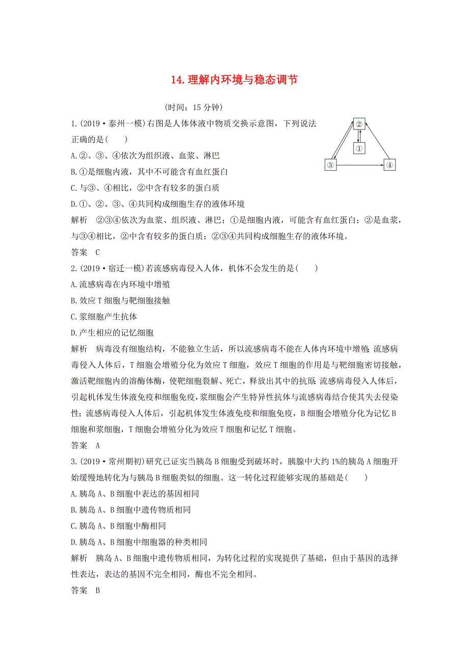 江苏省2020届高考生物二轮复习 考前专题增分小题狂练14 理解内环境与稳态调节（含解析）.docx_第1页