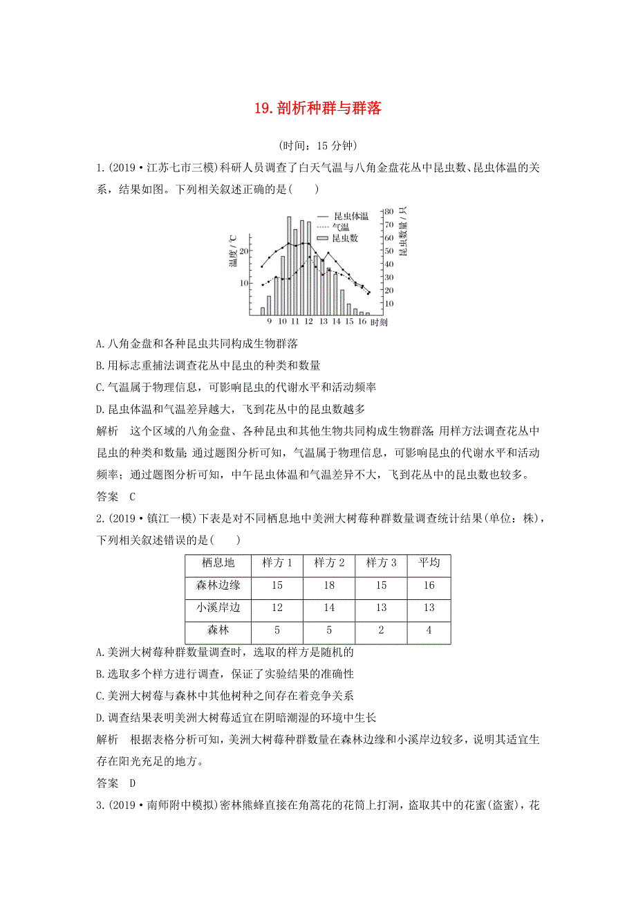 江苏省2020届高考生物二轮复习 考前专题增分小题狂练19 剖析种群与群落（含解析）.docx_第1页