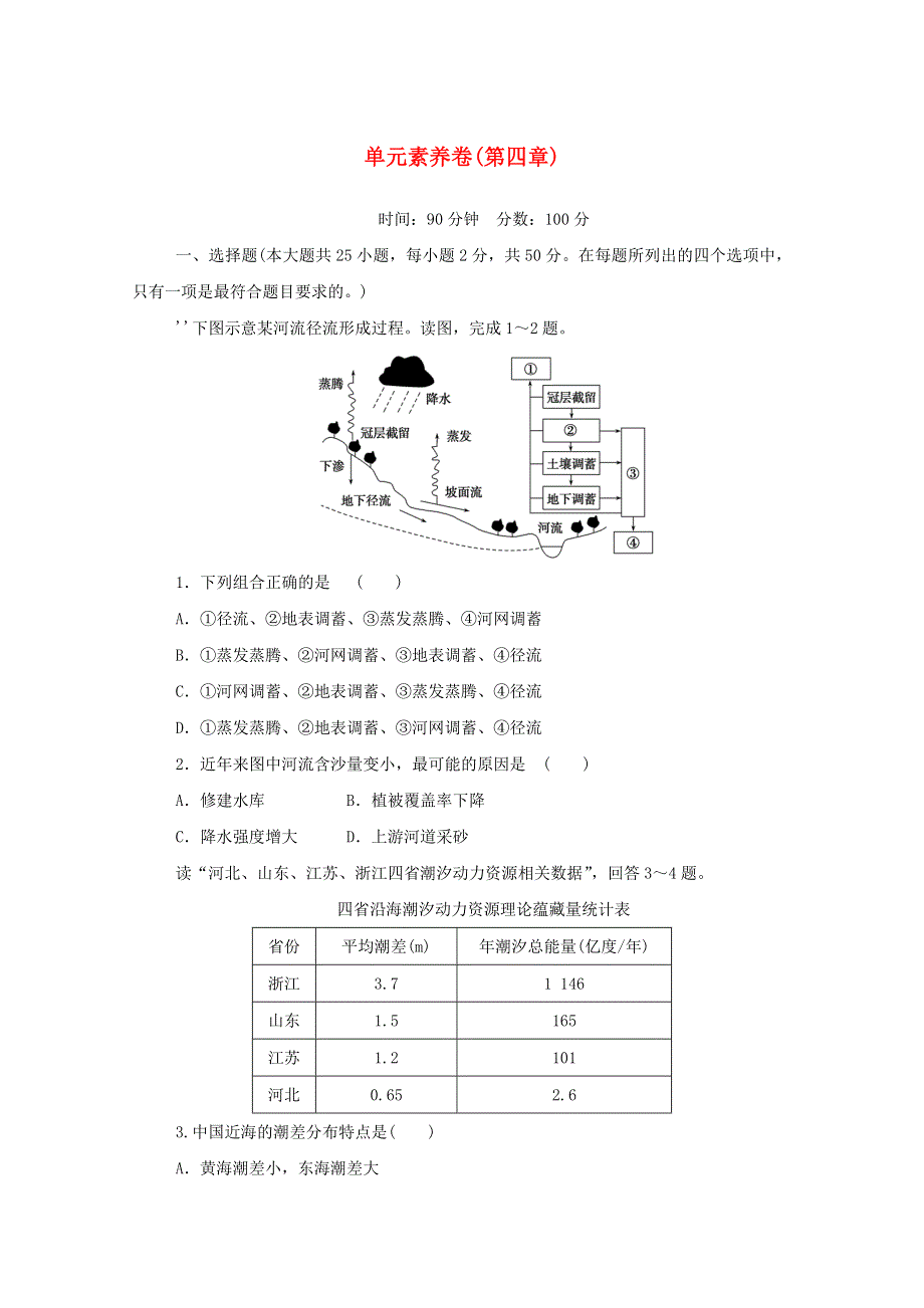 2020-2021学年新教材高中地理 第四章 地球上的水 单元素养卷（含解析）湘教版必修1.doc_第1页