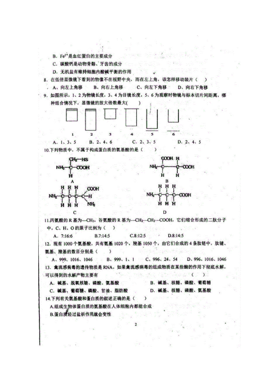 四川省青神中学2018-2019学年高一上学期期中（半期）考试生物试题 扫描版含答案.doc_第2页