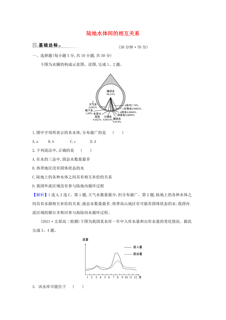 2020-2021学年新教材高中地理 第四章 陆地水与洋流 第一节 陆地水体间的相互关系课时练习（含解析）湘教版选择性必修一.doc_第1页