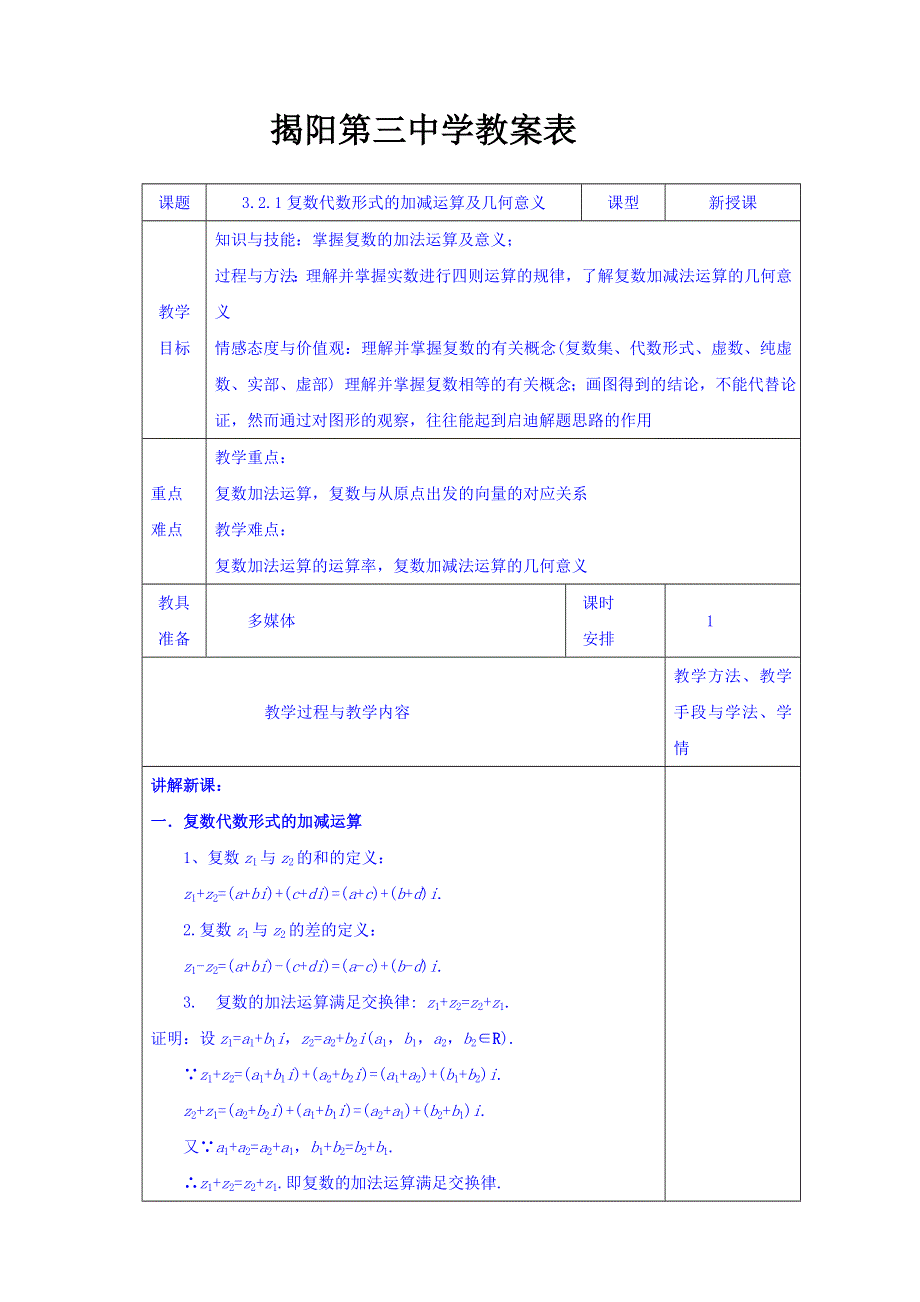 广东省揭阳市第三中学人教A版高中数学选修2-2：3-2-1复数代数形式的加减运算及几何意义 教案 .doc_第1页