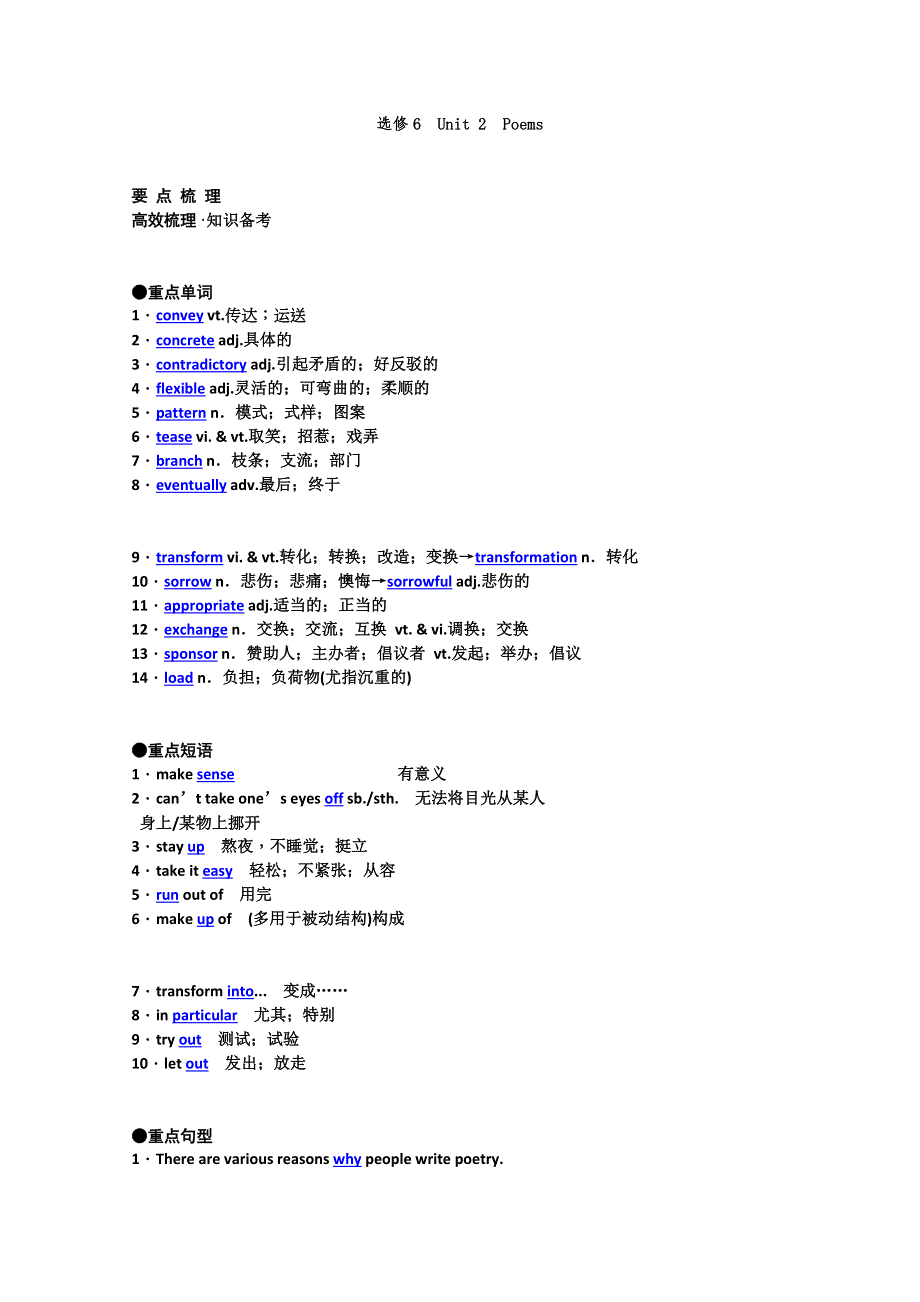 2012年高考英语要点梳理 重点突破： UNIT 2　POEMS （新人教版选修6）.doc_第1页