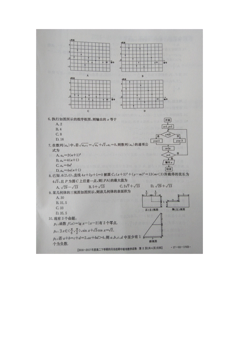 山西省晋中市榆社中学2016-2017年高二下学期期中考试文科数学试卷 扫描版含答案.docx_第2页