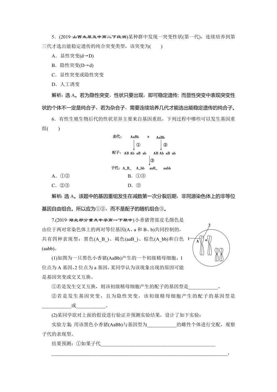 2019-2020学年人教版生物必修二新素养同步练习：第5章 第1节　基因突变和基因重组　随堂达标检测 WORD版含解析.doc_第2页