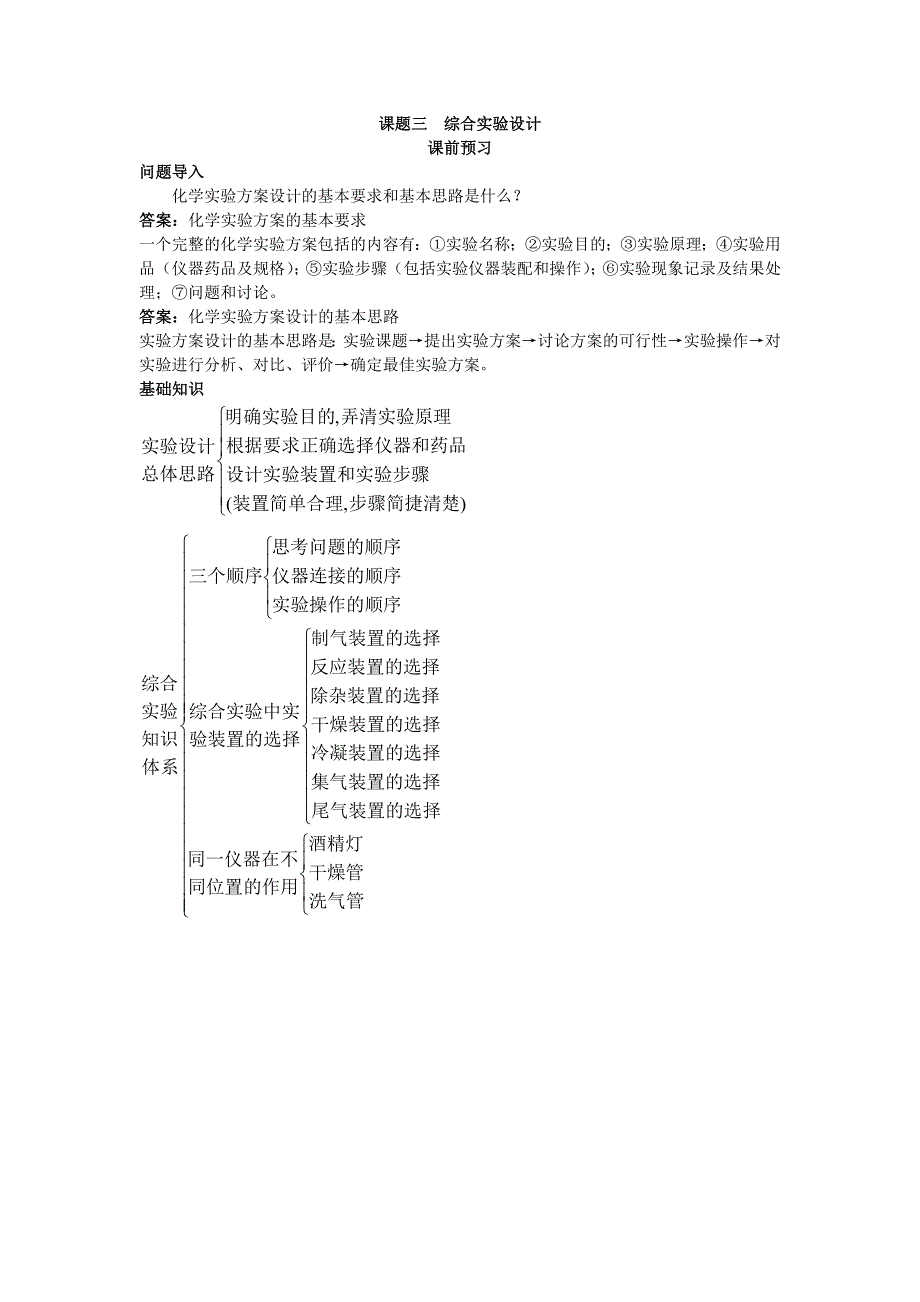 化学人教版选修6学案：课前预习 第四单元课题三综合实验设计 WORD版含解析.doc_第1页