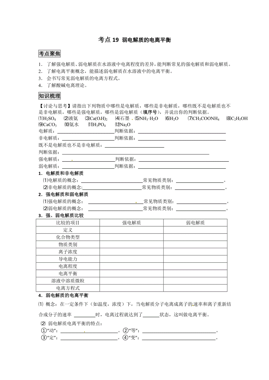 《考前冲刺必备》2013高考化学不可不知的60大考点 考点19 弱电解质的电离平衡.doc_第1页