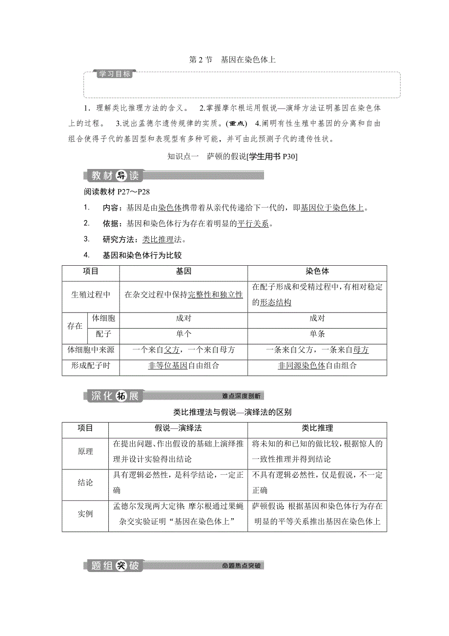 2019-2020学年人教版生物必修二江苏专用讲义：第2章 第2节　基因在染色体上 WORD版含答案.doc_第1页