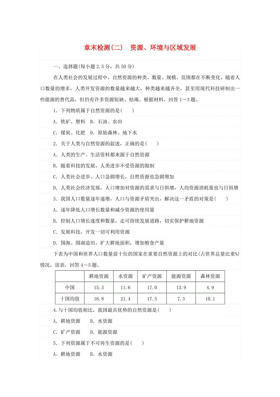 2020-2021学年新教材高中地理 第二章 资源、环境与区域发展 章末检测（含解析）新人教版选择性必修2.doc_第1页