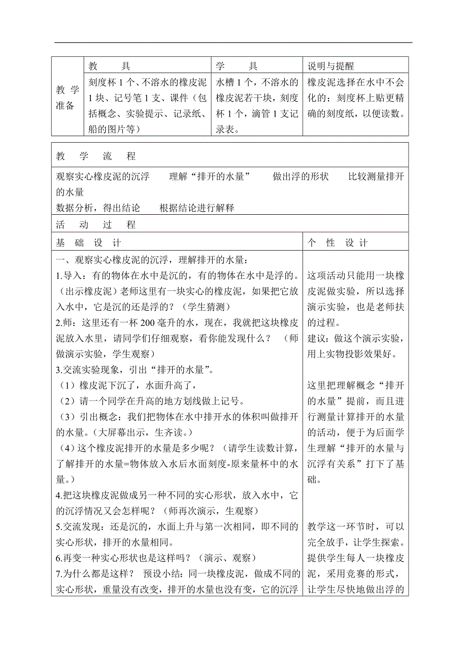 教科小学科学五年级下《1.3、橡皮泥在水中的沉浮》word教案(3).doc_第2页