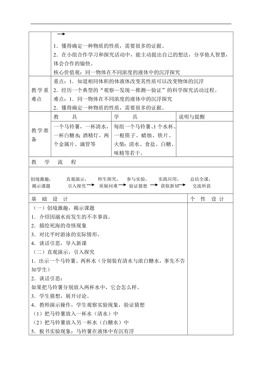 教科小学科学五年级下《1.7、马铃薯在液体中的沉浮》word教案(1).doc_第2页