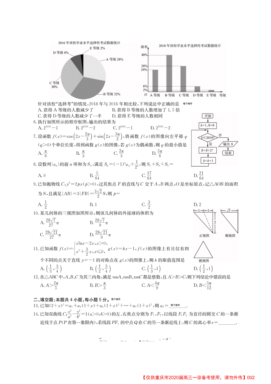 重庆市巴蜀中学2020届高三上学期“一诊”模拟测试数学（理）试题 PDF版含答案.pdf_第2页