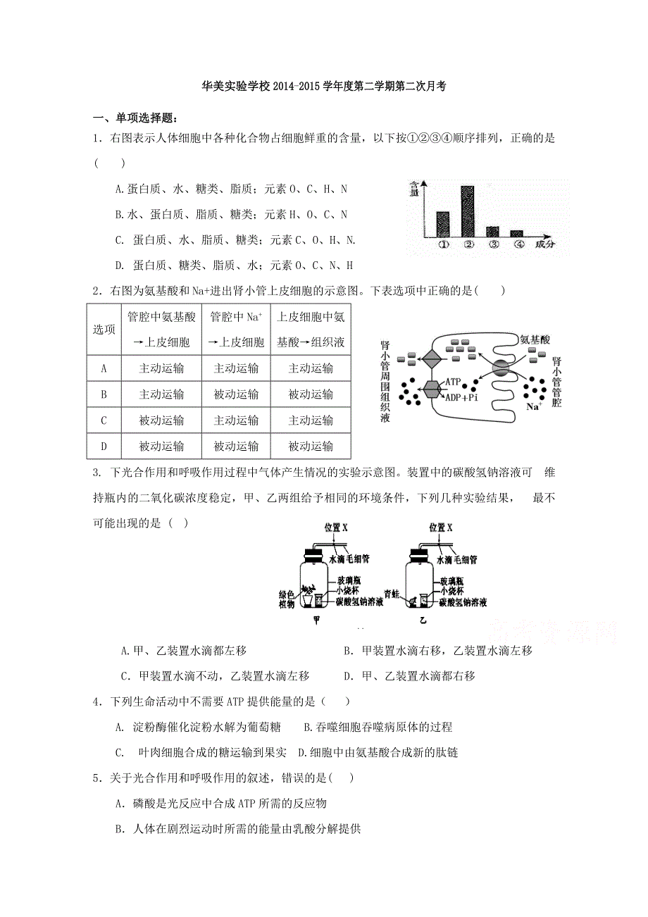 广东省普宁市华美实验学校2014-2015学年高二6月月考生物试题 WORD版含答案.doc_第1页