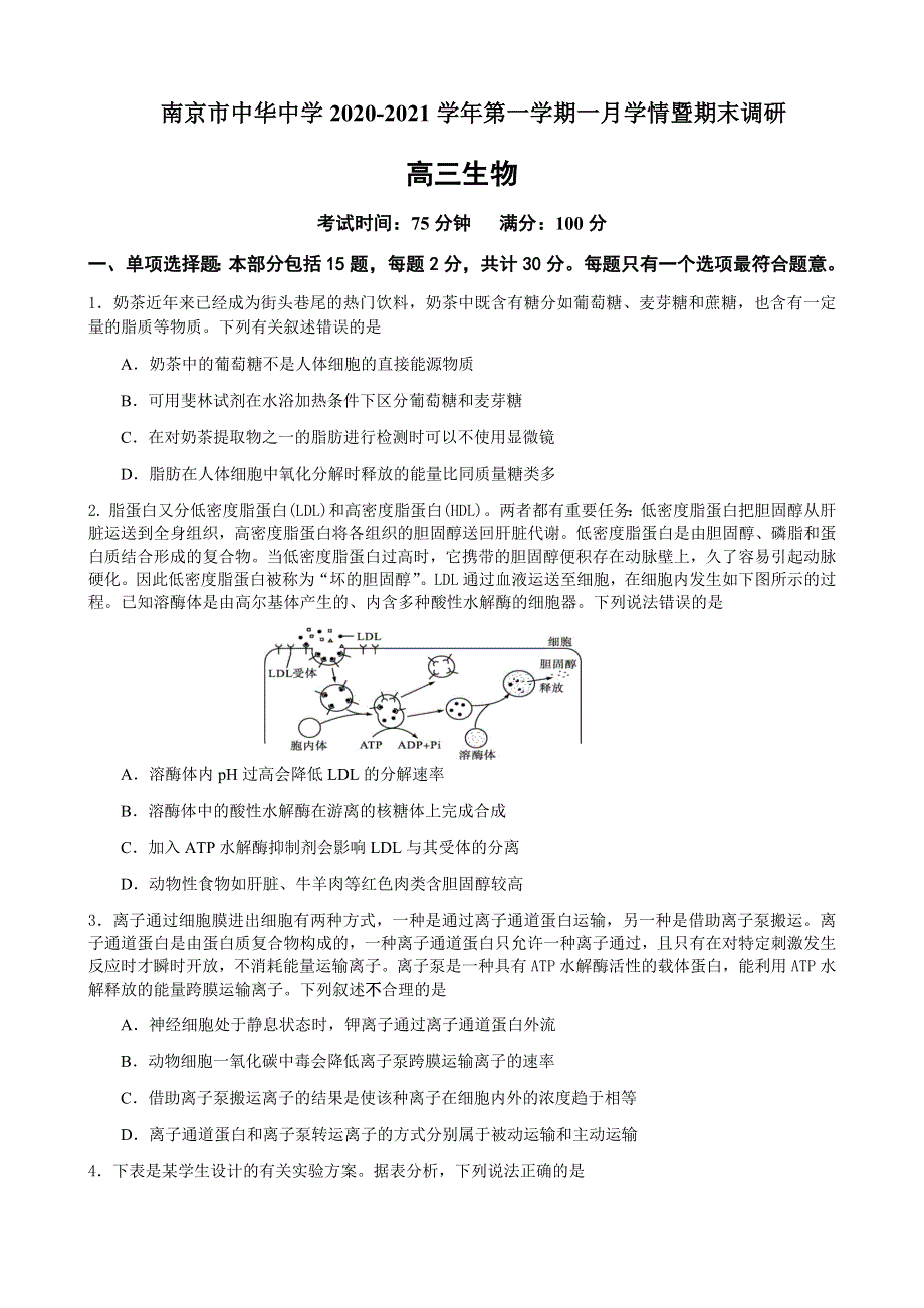 江苏省南京市中华中学2021届高三上学期一月学情暨期末调研生物试卷 WORD版缺答案.docx_第1页