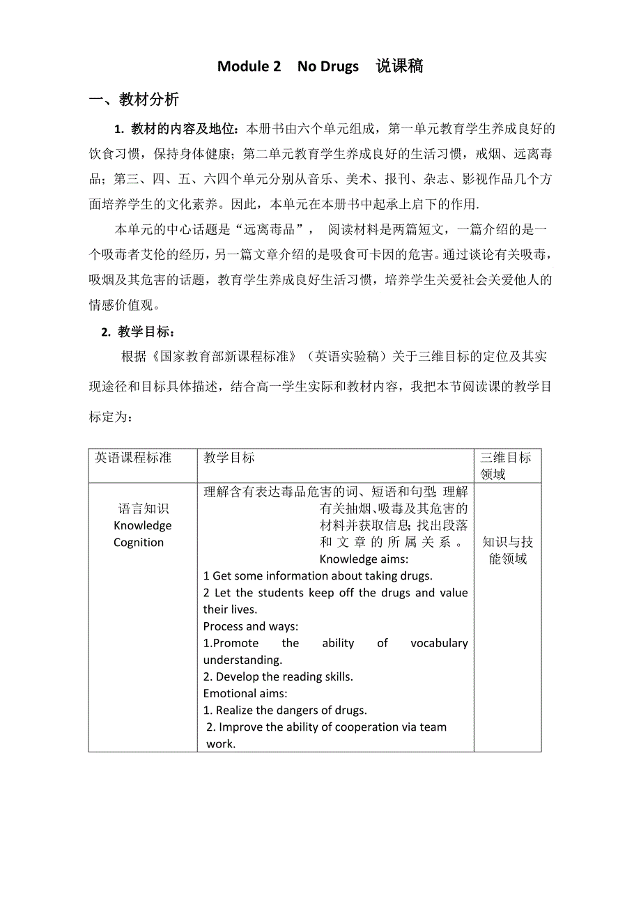 2016年高中英语外研版必修2 教案MODULE 2 NO DRUGS 说课稿 .doc_第1页