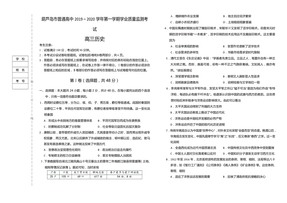 辽宁省葫芦岛市普通高中2020届高三上学期学业质量监测（期末）历史试题 WORD版含答案.doc_第1页