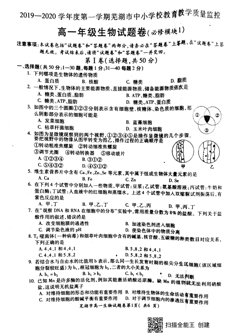 安徽省芜湖市2019-2020学年高一上学期期末考试生物试题 PDF版含答案.pdf_第1页