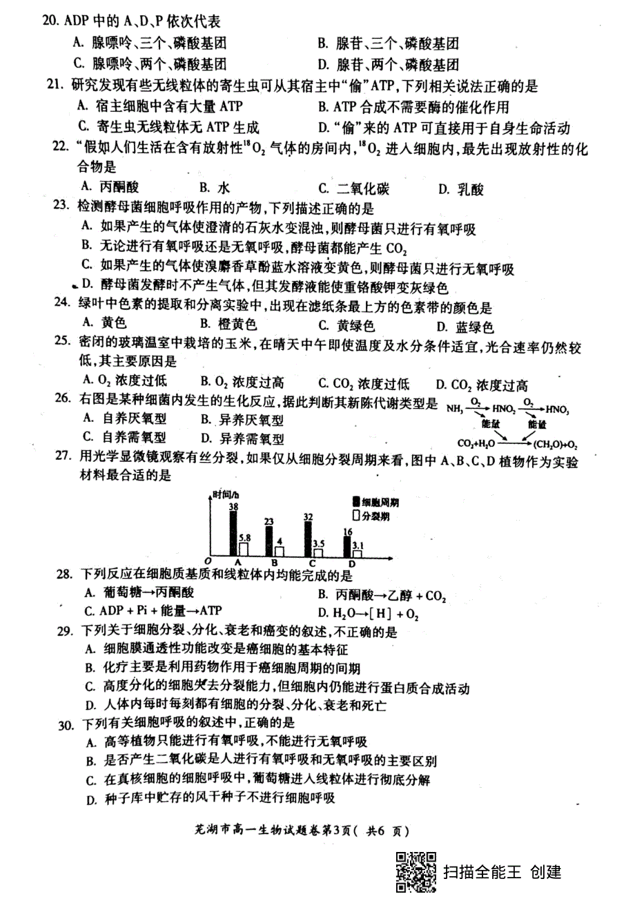 安徽省芜湖市2019-2020学年高一上学期期末考试生物试题 PDF版含答案.pdf_第3页