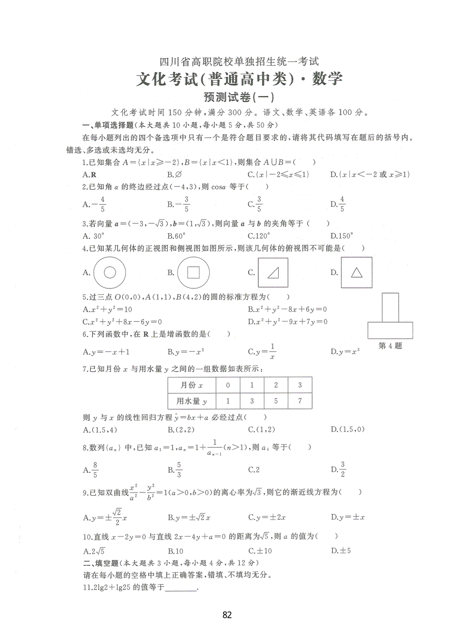 四川省高职单招考试文化考试数学试题（普高类）预测试卷（一） PDF版缺答案.pdf_第1页