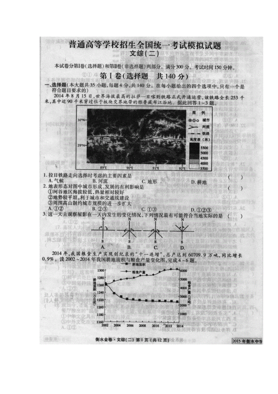 《衡水中学信息卷》新课标2015年普通高等学校招生全国统一考试模拟（二）文科综合地理 扫描版含答案.doc_第1页