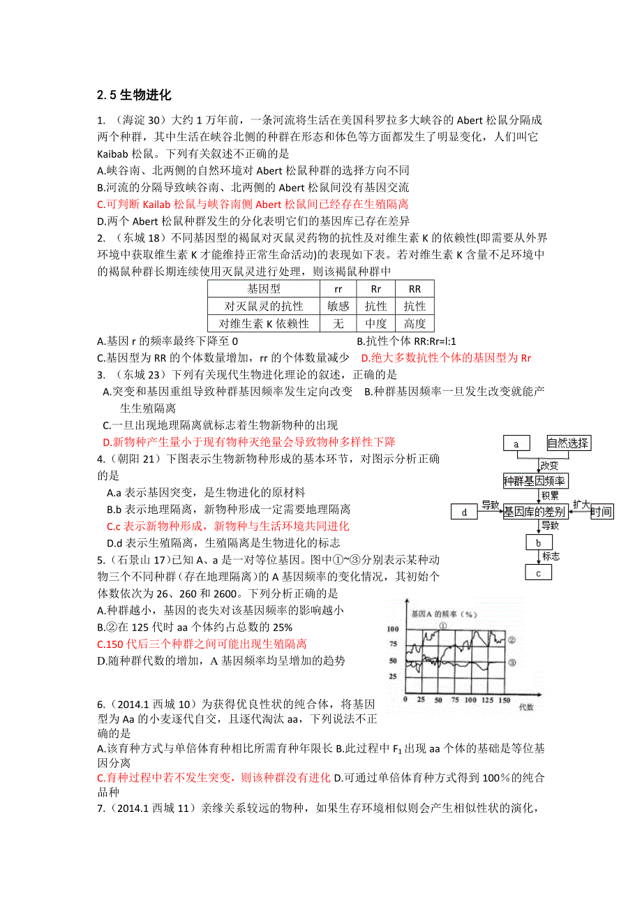 北京市各区2014届高三上学期期末生物试题分类汇编--2.5生物进化 WORD版含答案.doc_第1页