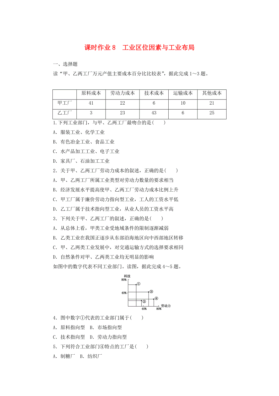 2020-2021学年新教材高中地理 课时作业8 工业区位因素与工业布局（含解析）湘教版必修2.doc_第1页