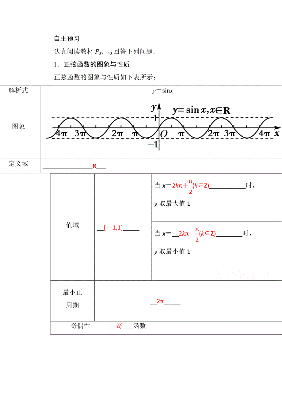 山东省济宁市某教育咨询有限公司高一数学（新人教A版必修4）自主预习知识点：《正弦函数的图象与性质》（教材P37-40教师版） WORD版含答案.doc_第1页