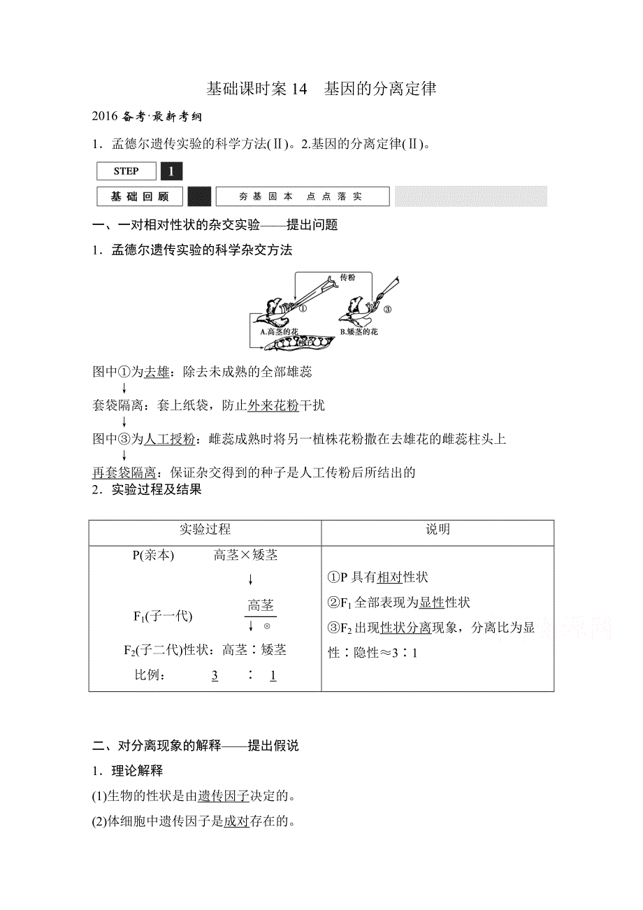 2016年高三生物（人教版）一轮复习 基础课时案14　基因的分离定律 基础回顾.doc_第1页