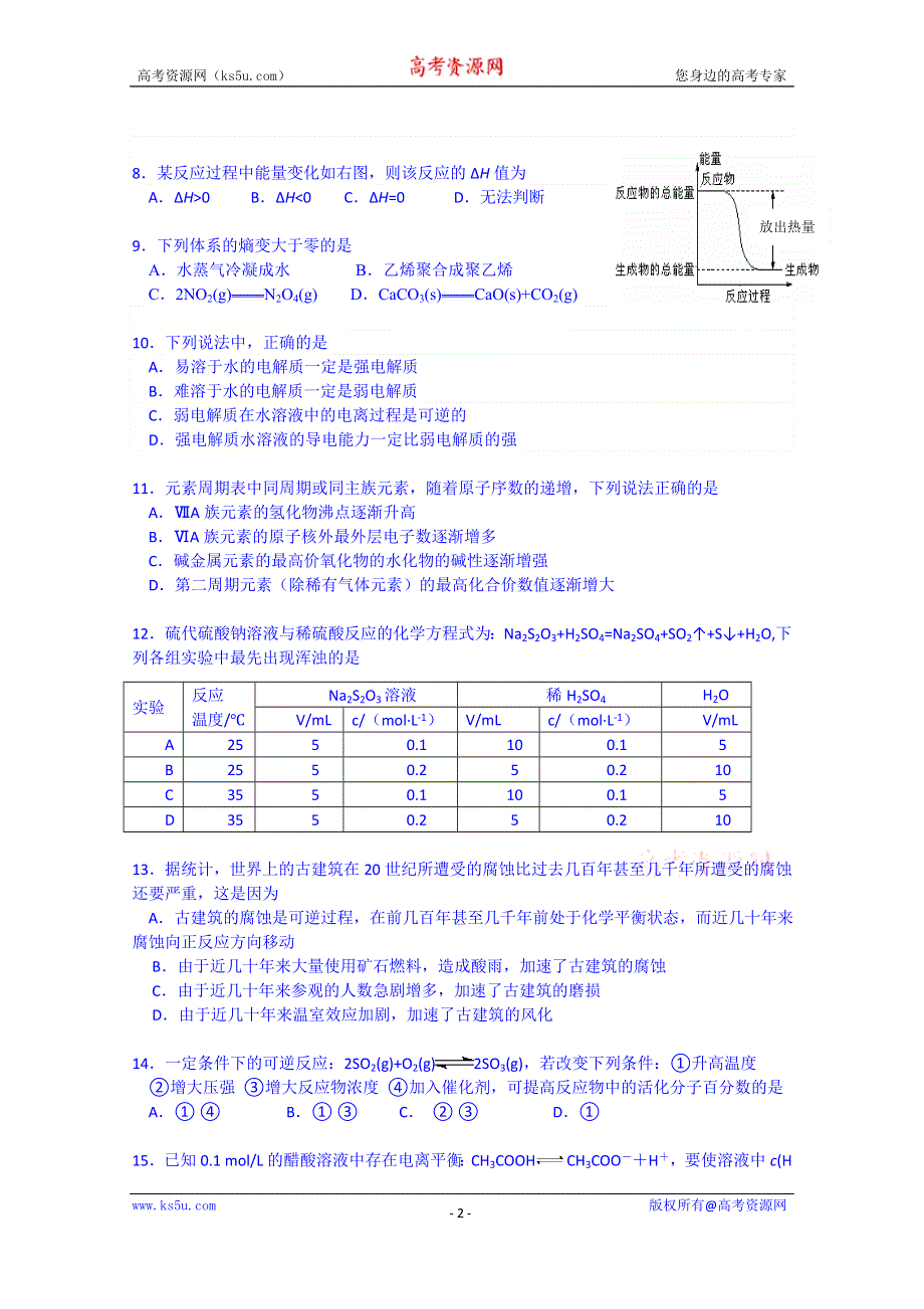 北京市丰台区高中示范校2014-2015学年度第一学期高二化学期中综合测试卷 二 WORD版含答案.doc_第2页