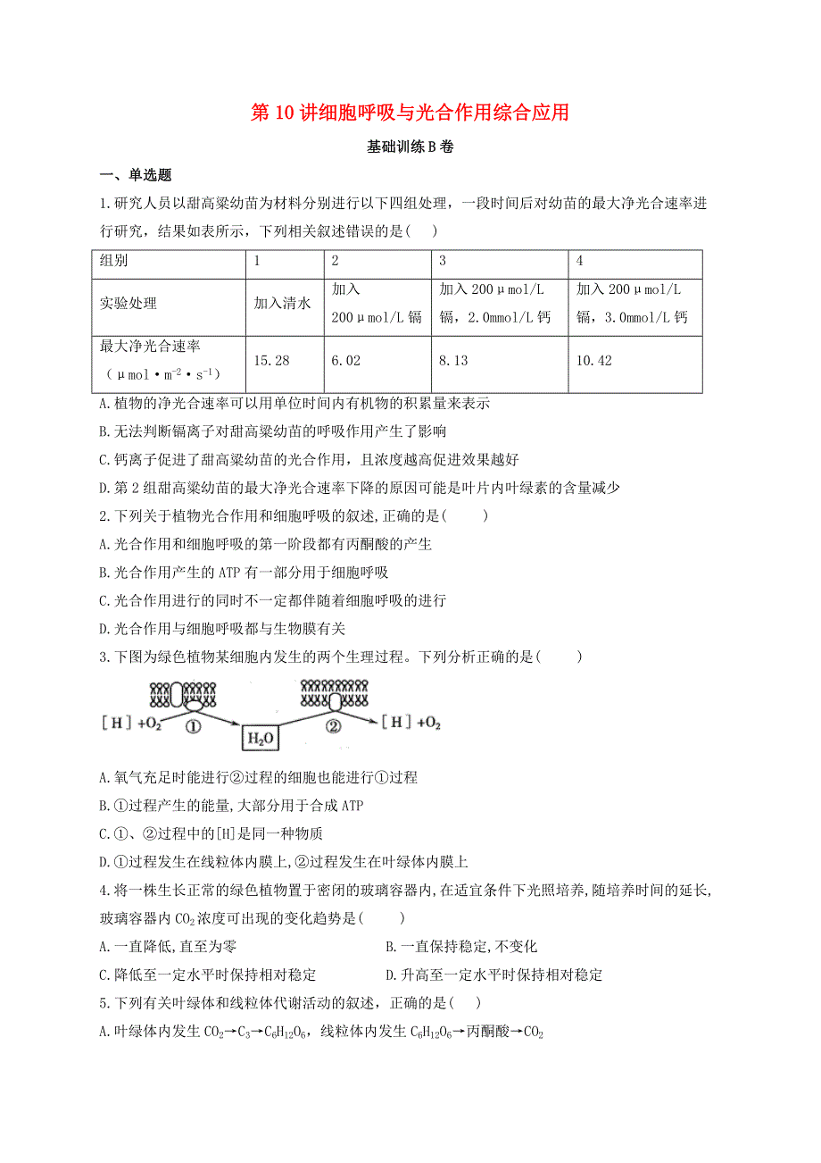 2022届新教材高考生物一轮复习 第三单元 细胞的能量供应和利用 第10讲 细胞呼吸与光合作用综合应用 基础训练B卷（含解析）.docx_第1页