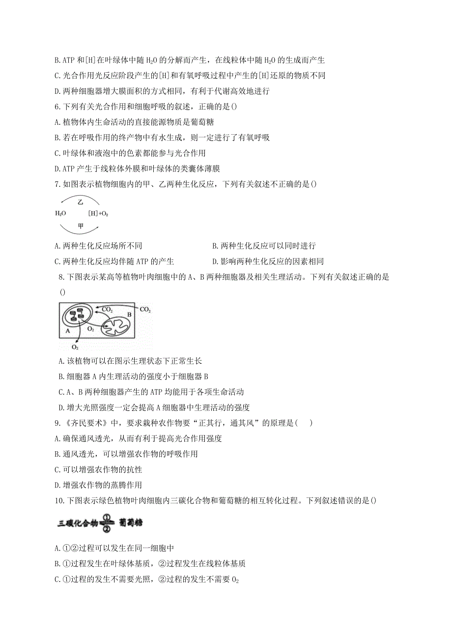 2022届新教材高考生物一轮复习 第三单元 细胞的能量供应和利用 第10讲 细胞呼吸与光合作用综合应用 基础训练B卷（含解析）.docx_第2页