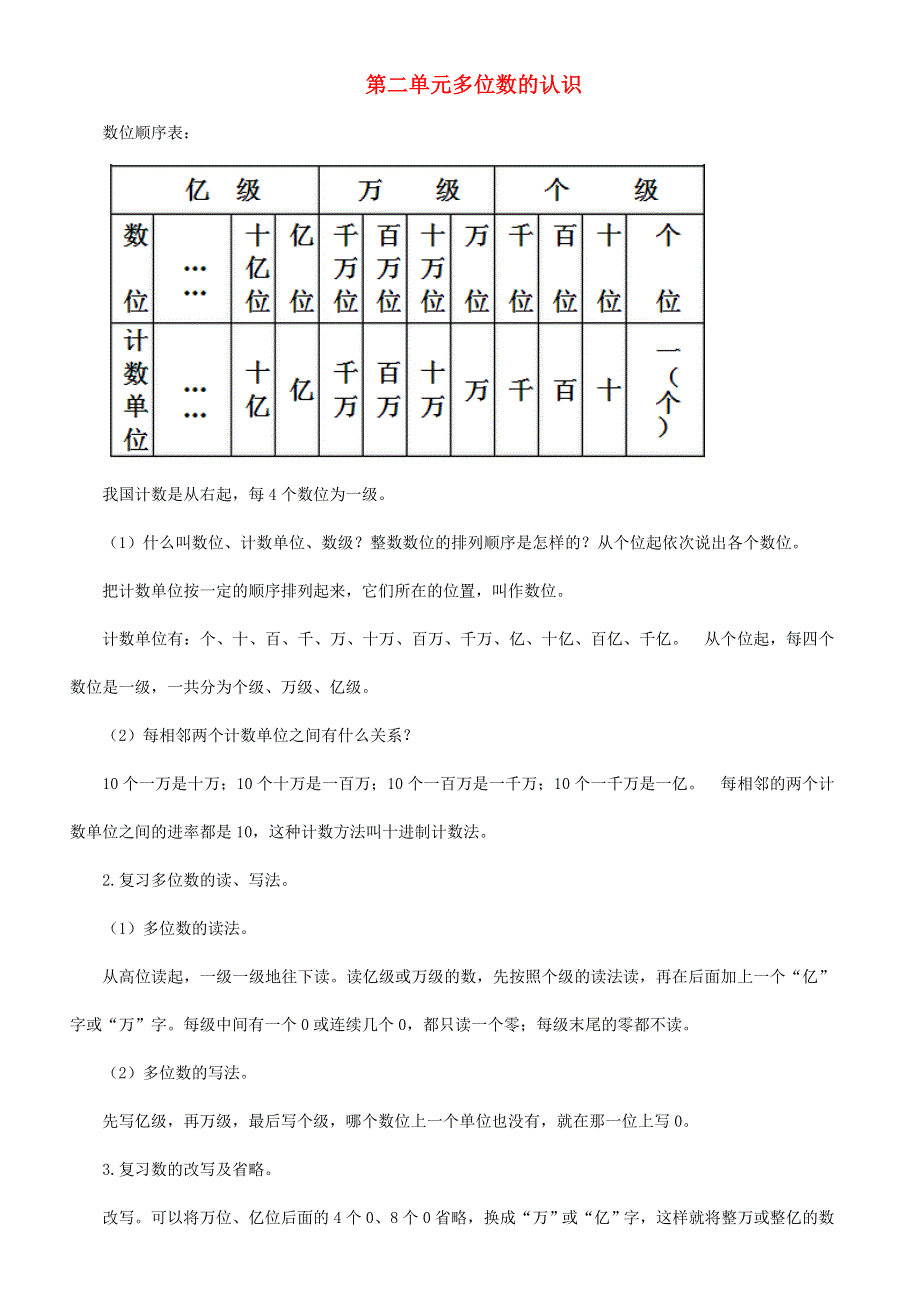 四年级数学下册 二 认识多位数知识点 苏教版.doc_第1页