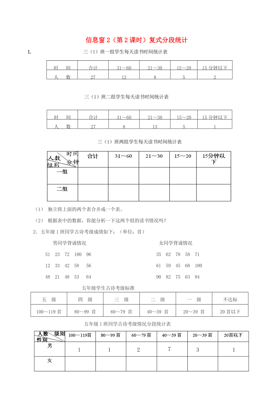 四年级数学下册 八 我锻炼 我健康——平均数 信息窗2（第2课时）复式分段统计补充练习 青岛版六三制.doc_第1页