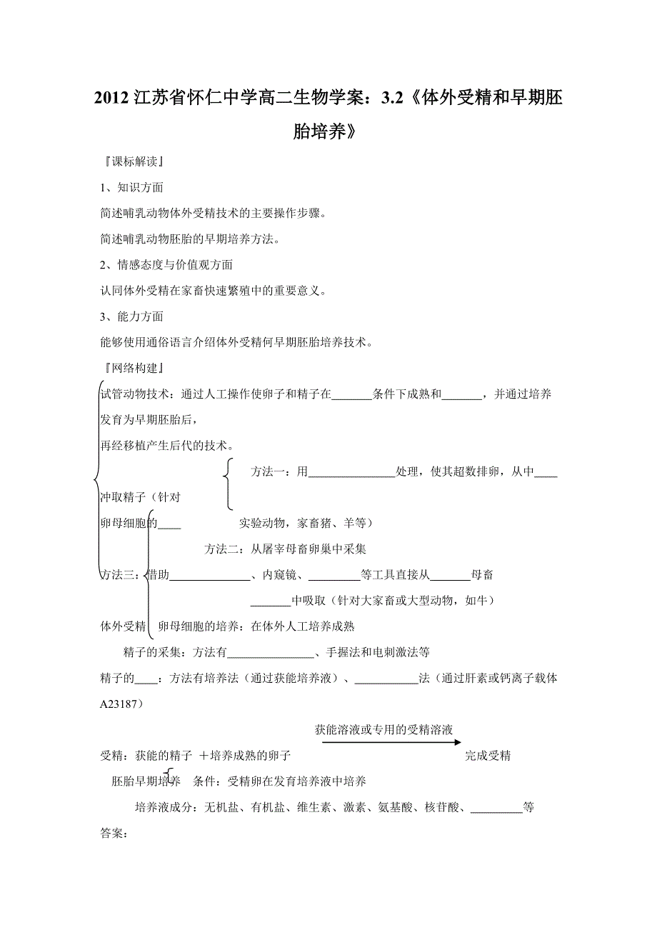 2012江苏省怀仁中学高二生物学案：3.2《体外受精和早期胚胎培养》（新人教版选修3）.doc_第1页