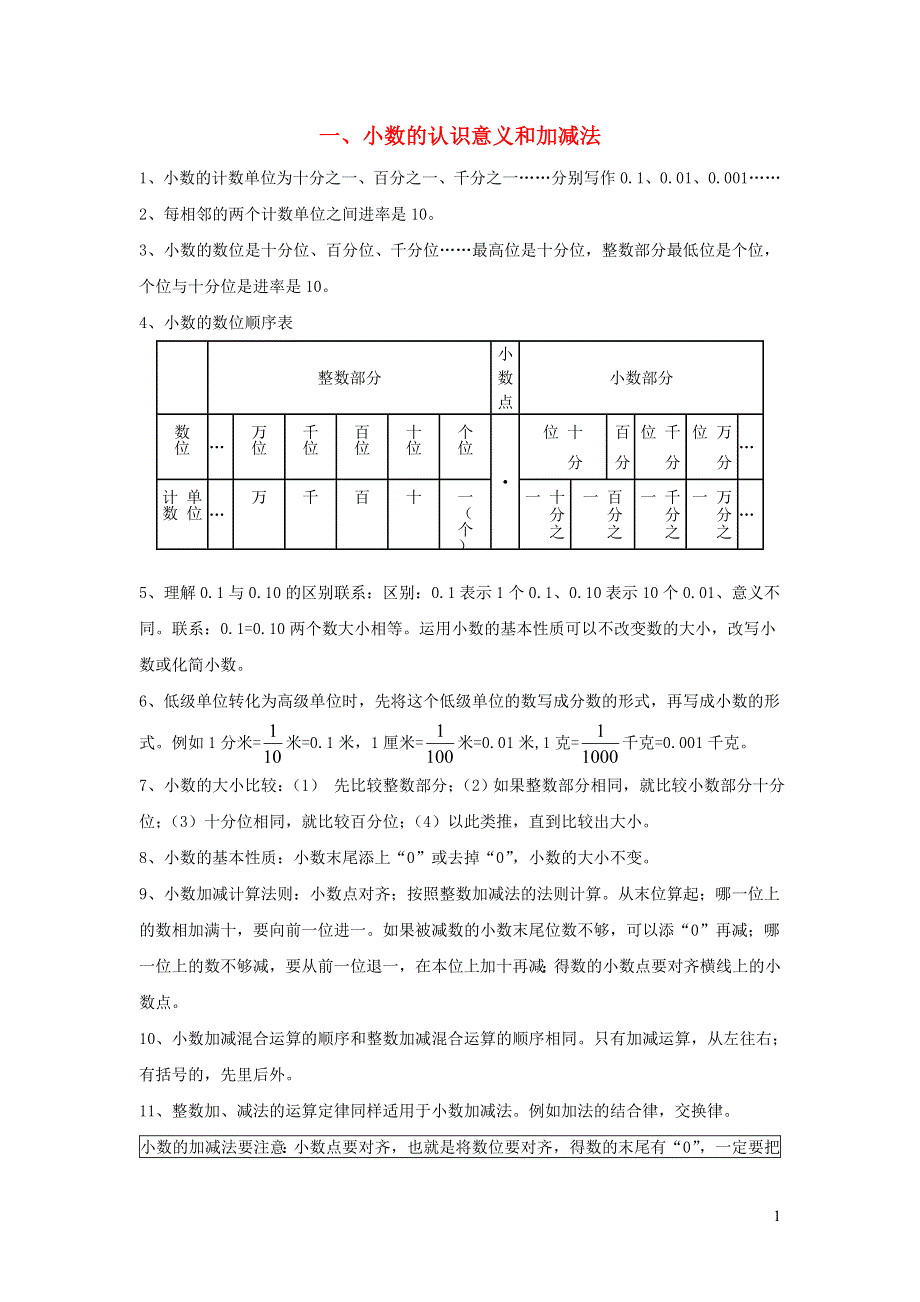 四年级数学下册 总复习知识点整理复习 北师大版.doc_第1页