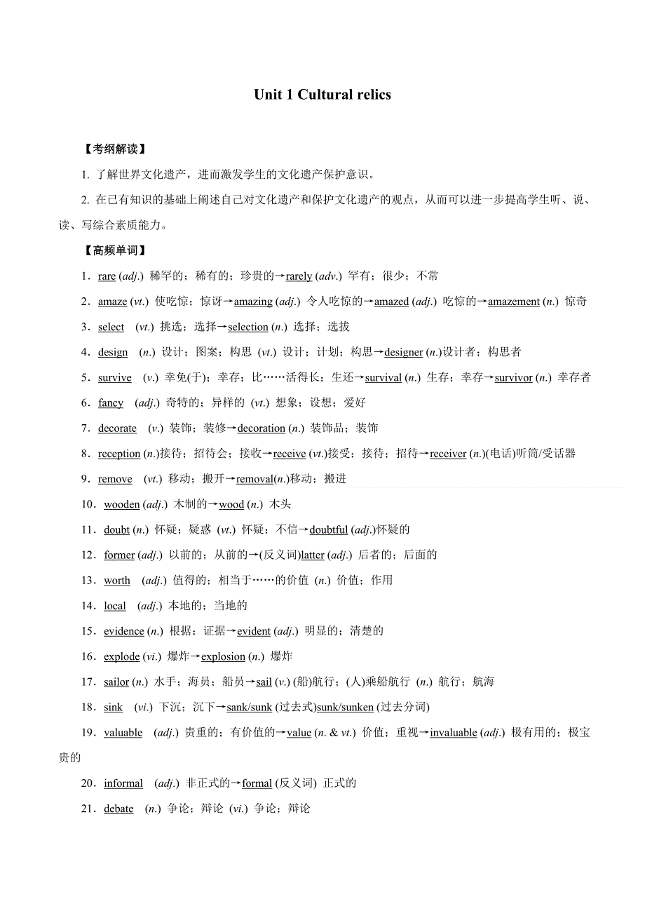 2019-2020学年人教版高一英语单元教学案：必修2 UNIT 1 CULTURAL RELICS（原卷版） WORD版含答案.doc_第1页