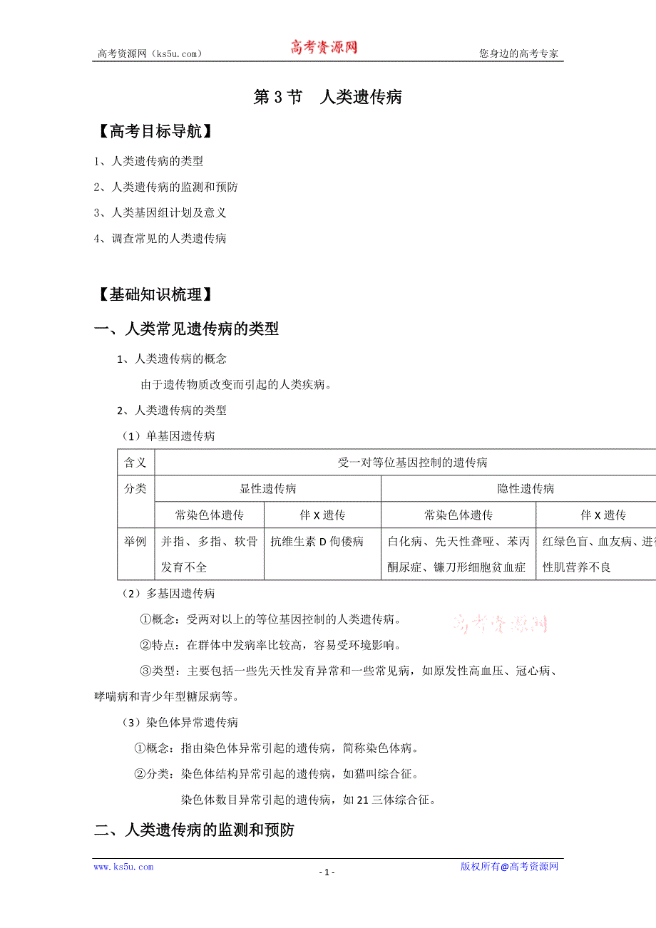 2012版生物一轮精品复习学案：5.3 人类遗传病（必修2）.doc_第1页