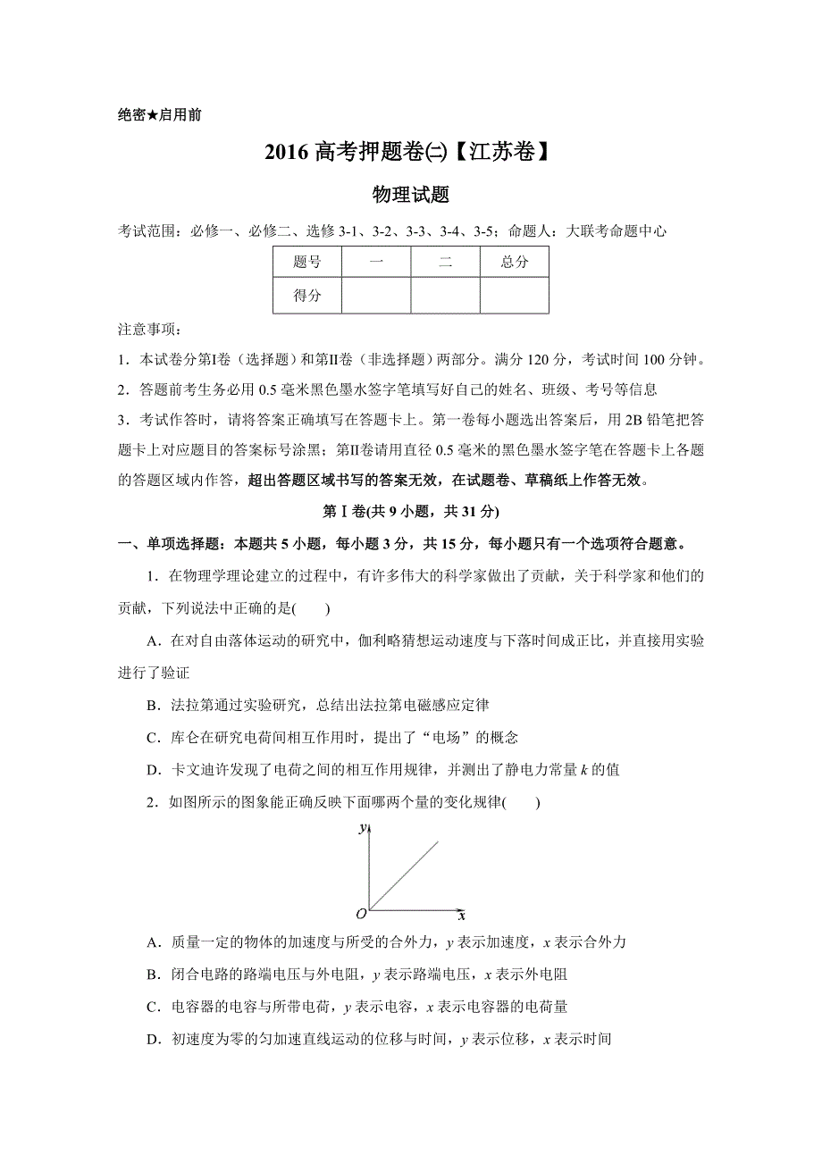 2016年高考原创押题预测卷 （江苏卷）物理02（考试版） WORD版缺答案.doc_第1页