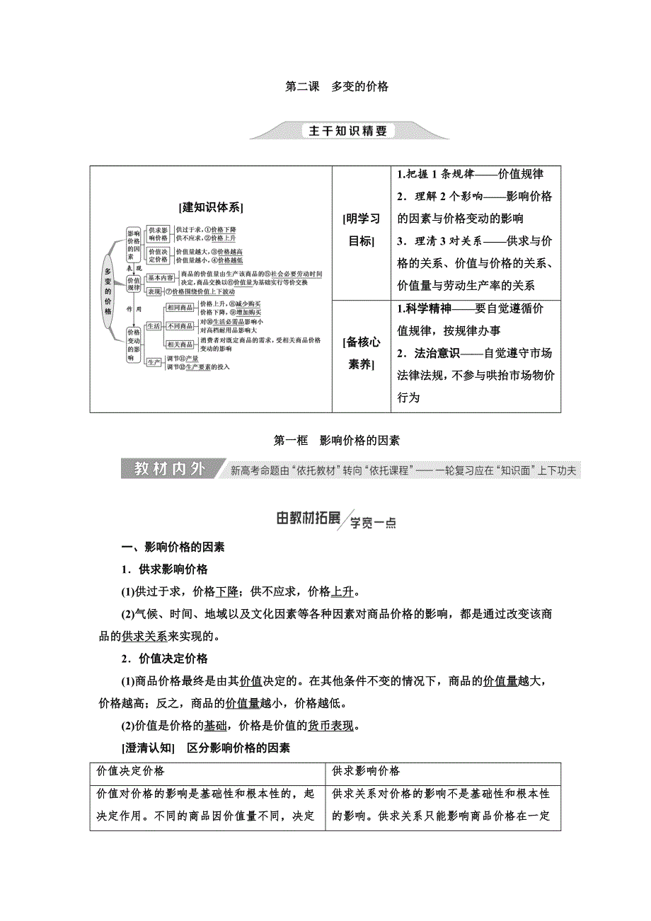 2020高考政治新创新大一轮复习通用版讲义：必修一 第一单元 第二课 多变的价格 WORD版含答案.doc_第1页