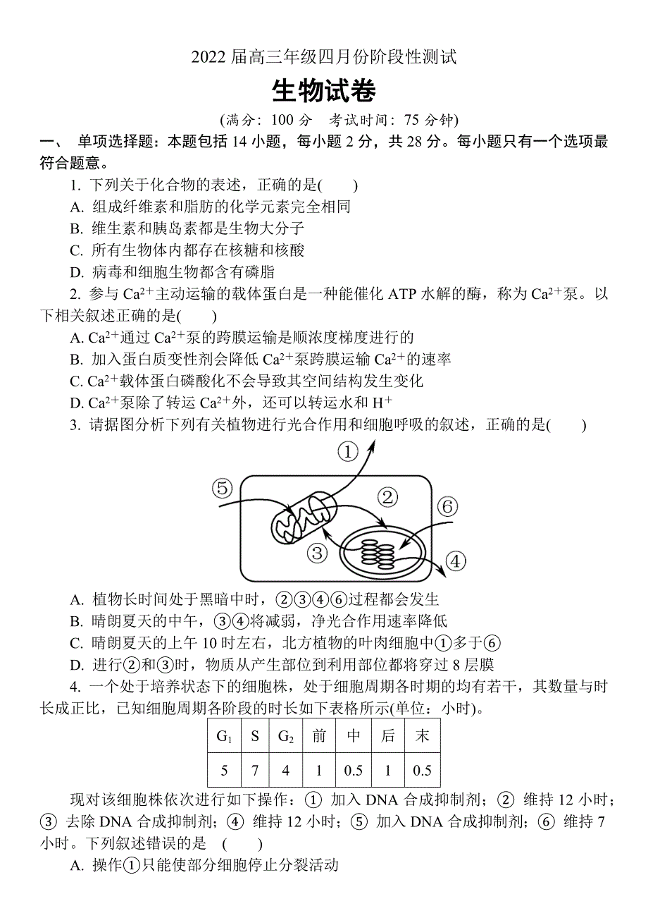 江苏省如东高级中学、姜堰中学、沭阳高级中学2022届高三下学期4月份阶段性测试三校联考生物试卷.docx_第1页