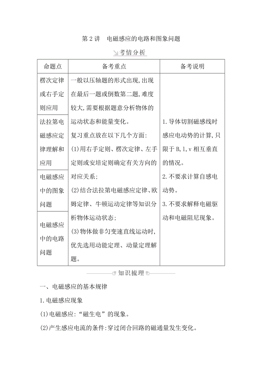 2019-2020学年人教版高三物理二轮复习：电路与电磁感应 知识梳理 第2讲电磁感应的电路和图象问题 WORD版含答案.doc_第1页